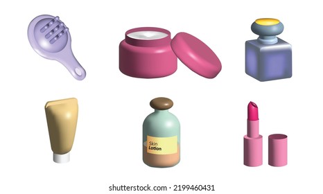 Icono cosmético 3d con lápiz labial, crema de piel, ilustración 3d de perfume.