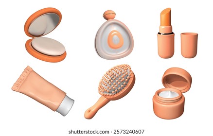 cosmetic 3d icon set in peach color with powder, hair brush, perfume.