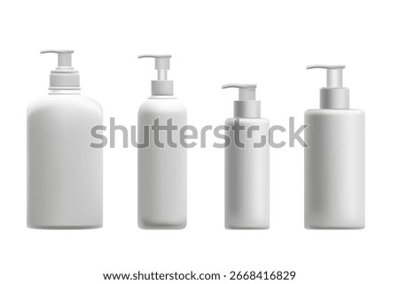 Cosmetic 3D plastic dispenser bottle with pump mockup set, isolated, transparent background. Skin care lotion bottle, clean texture. Beauty moisturizer, cleansing gel, face wash product packaging.