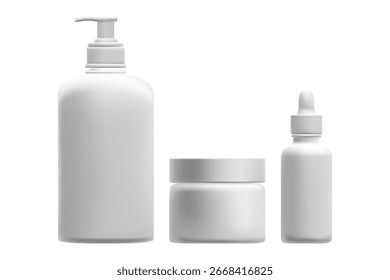 Botella plástica cosmética de la bomba del dispensador 3D, tarro de la crema, sistema de la maqueta del gotero del suero, fondo aislado, transparente. Cuidado de la piel limpia de vidrio blanco, gris claro. Empaquetado del producto del Vector de la belleza.
