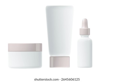 Cosmetic 3D render product packaging mockup set, lotion tube, cream jar, serum bottle, clean white plastic, light gray glowing flip top cap. Beauty pack isolated, transparent background.