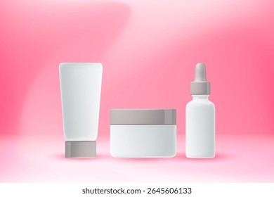 Cosmetic 3D render product packaging mockup set, pink gradient background with copy space, lotion bottle, cream jar, serum dropper, clean matt glass, light gray glowing cap. Beauty sale banner.