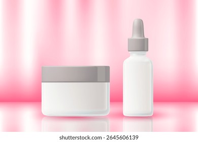 Cosmetic 3D render product packaging mockup set, pink gradient, studio light, cream jar, serum dropper, clear matte glass, light gray glowing cap with reflection. Beauty sale banner.