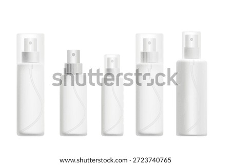 Cosmetic 3D spray bottle mockup set, isolated, transparent background. Clean aerosol or mist product packaging, white plastic, light gray pump, translucent lid cap. Beauty skin care, hair dry shampoo.