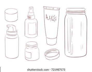 cosmetic accessories line art. Bottles, cream tubes and spray hand drawn vector illustration