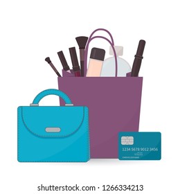 Cosmetic accessories and perfume in shopping bag, purse and credit card on white. Purchases for fashionable girl, beauty blogger or makeup artist. Shopping concept. Flat vector illustration.