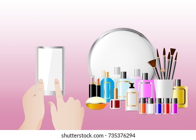 Cosmetic accessories standing in front of a mirror on the pink background. Female hands are holding a smart phone and touching empty screen ready for your text. All potential trademarks are removed.