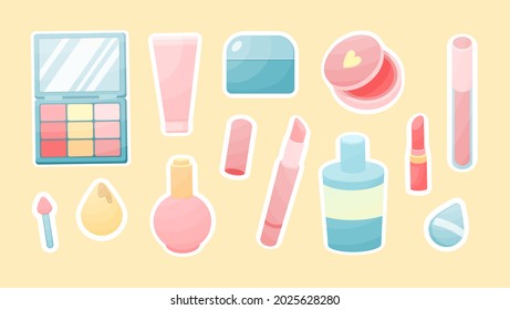 Cosmetic accessories sticker. Glamorous red lipstick and tonal cream tubes. Colored eye shadow with powder box and skin lotion. Professional face and skin care. Vector cartoon label