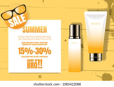 Cosmetic ad banner template, skin care set on wooden floor texture, summer theme