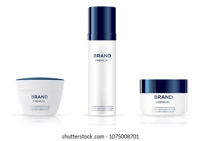 Cosmetic ad concept. With blue lid.
Luxury Mockup 3D illustration. 
Isolated on white background
Use for banner, website, template, leaflet and other design.