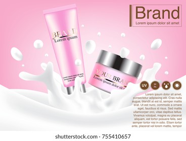 Cosmetic ad concept. Luxury facial foam and cream mockup on milk splash. 3D illustration and EPS10 Vector. Use for banner, website, template and other design.