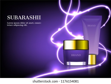 Cosmetic ad, container cream and sparkling line on dark background