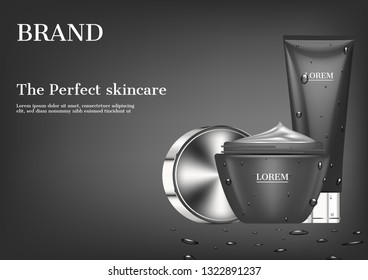 Cosmetic ad, moisturizer and serum on dark background