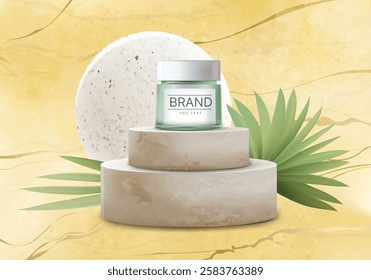 Cosmetic ad. Moisturizing cream on podium. Natural beauty product. Skincare organic moisturizer. Presentation 3D pedestal. Plant leaves. Face skin care. Promotion background. Vector advertising banner