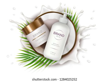 Cosmetic ad realistic vector. White jar and dispenser bottle lies in half of coconut on background of milk splash. Mock up promo banner for catalog, concept poster for natural organic cosmetics