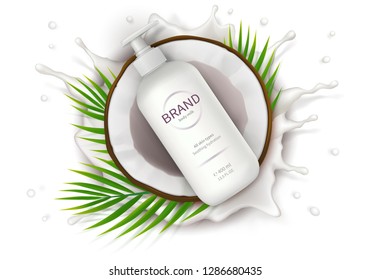 Cosmetic ad realistic vector. White dispenser bottle with lotion and half of coconut on background of milk splash. Mock up promo banner for catalog, concept poster for natural organic cosmetics