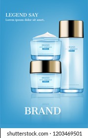 Cosmetic ad, serum and moisturizer on light blue background