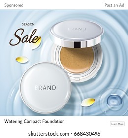 cosmetic ad suitable for social media websites, two foundation cases and yellow petals on water ripples, 3d illustration