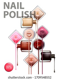Cosmetic ad template. 3D realistic detailed mockupwith nail Polish, drops of nail Polish . Beauty and cosmetics background. Use for advertising flyer, banner, leaflet. Template Vector.