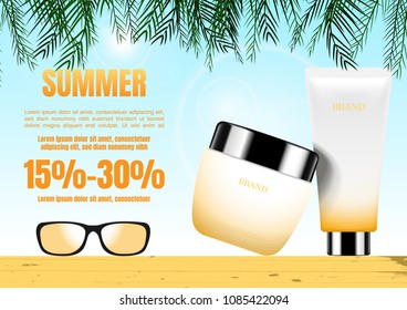 Cosmetic ad template, skin care set with sunshine on blue sky background, summer theme