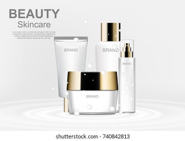 Cosmetic ad template, skincare set on milk background