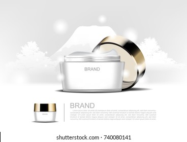 Cosmetic ad, whitening cream on snow mountain and small bubble light background