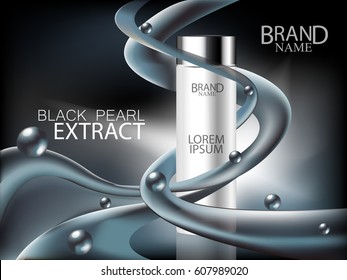 Cosmetic ads with black pearls extract with cosmetic bottle and waves of cream on dark background. Face care, body care and skin cosmetic. Vector illustration.
