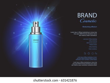 Cosmetic ads, blue spray bottles mockup on dark luxury background, vector poster with moisturizing premium product,