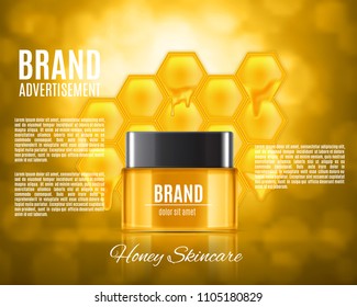 Cosmetic ads design. Jar of cream with honey. Design for das and magazine. EPS10 vector