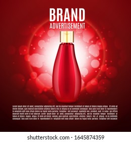Cosmetic ads design. Realisitic bottle on a red background. EPS10 vector