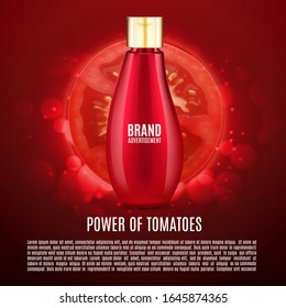 Cosmetic ads design. Realisitic bottle on a red background with tomato slice. Power of tomato concept. EPS10 vector