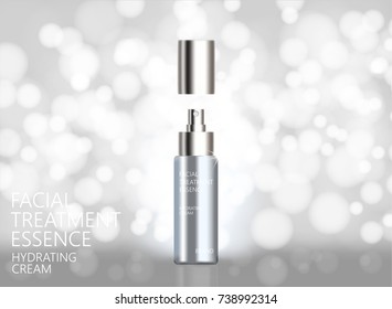 Cosmetic Ads, Facial Treatment Essence For Annual Sale Or Christmas Sale. Silver Spray Bottle Isolated On Glitter Particles. 3D Illustration.