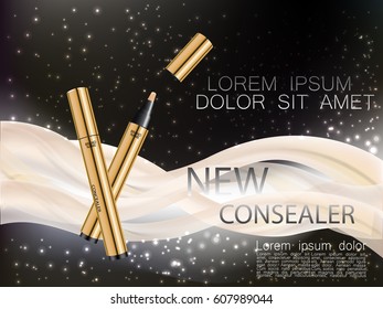 Cosmetic ads gold concealers with cream waves on dark color background. Face care, body care and skin cosmetic. Vector illustration.
