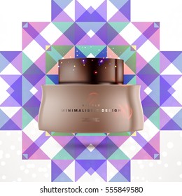 Cosmetic ads with hydrating facial cream mask bottle isolated on glitter particles background with geometric modern elements