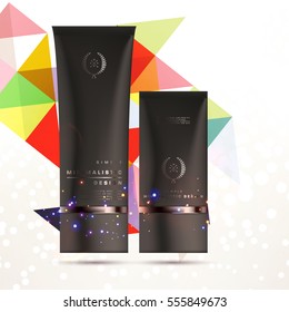 Cosmetic ads with hydrating facial cream mask bottle isolated on glitter particles background with geometric modern elements