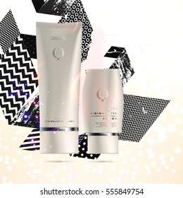 Cosmetic ads with hydrating facial cream mask bottle isolated on glitter particles background with geometric modern elements