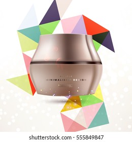 Cosmetic ads with hydrating facial cream mask bottle isolated on glitter particles background with geometric modern elements
