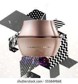 Cosmetic ads with hydrating facial cream mask bottle isolated on glitter particles background with geometric modern elements