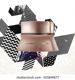 Cosmetic ads with hydrating facial cream mask bottle isolated on glitter particles background with geometric modern elements