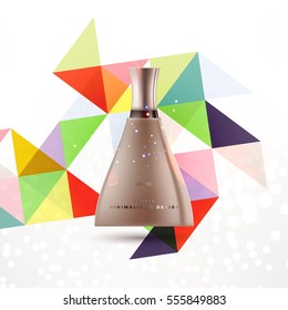 Cosmetic ads with hydrating facial cream mask bottle isolated on glitter particles background with geometric modern elements