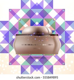 Cosmetic ads with hydrating facial cream mask bottle isolated on glitter particles background with geometric modern elements