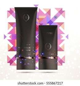 Cosmetic ads with hydrating facial cream mask bottle isolated on glitter particles background with geometric modern elements