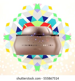 Cosmetic ads with hydrating facial cream mask bottle isolated on glitter particles background with geometric modern elements