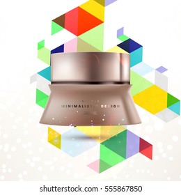 Cosmetic ads with hydrating facial cream mask bottle isolated on glitter particles background with geometric modern elements