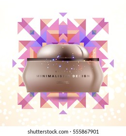 Cosmetic ads with hydrating facial cream mask bottle isolated on glitter particles background with geometric modern elements
