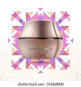 Cosmetic ads with hydrating facial cream mask bottle isolated on glitter particles background with geometric modern elements