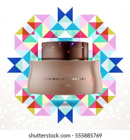 Cosmetic ads with hydrating facial cream mask bottle isolated on glitter particles background with geometric modern elements
