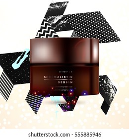 Cosmetic ads with hydrating facial cream mask bottle isolated on glitter particles background with geometric modern elements