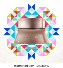 Cosmetic ads with hydrating facial cream mask bottle isolated on glitter particles background with geometric modern elements