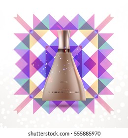 Cosmetic ads with hydrating facial cream mask bottle isolated on glitter particles background with geometric modern elements